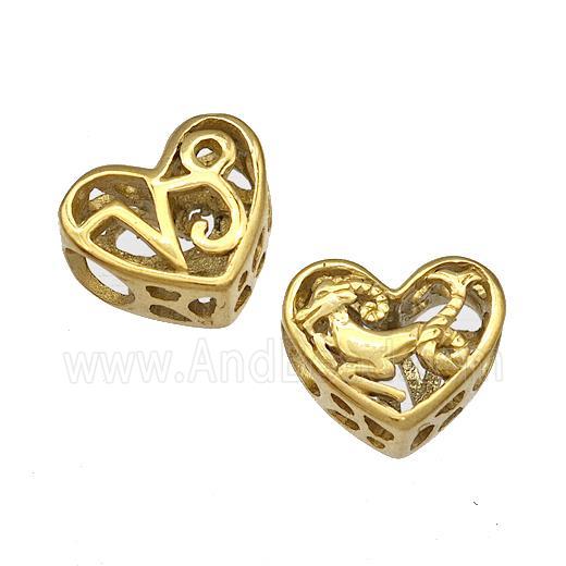 Stainless Steel Heart Beads Zodiac Capricorn Large Hole Hollow Gold Plated