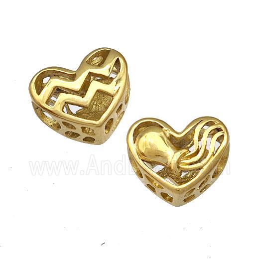 Stainless Steel Heart Beads Zodiac Aquarius Large Hole Hollow Gold Plated