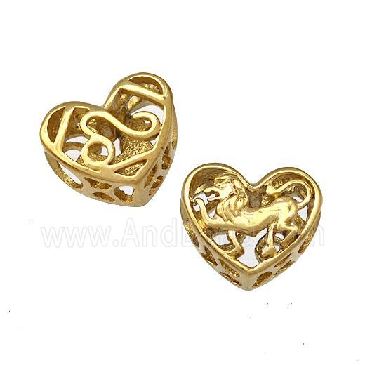 Stainless Steel Heart Beads Zodiac Leo Large Hole Hollow Gold Plated