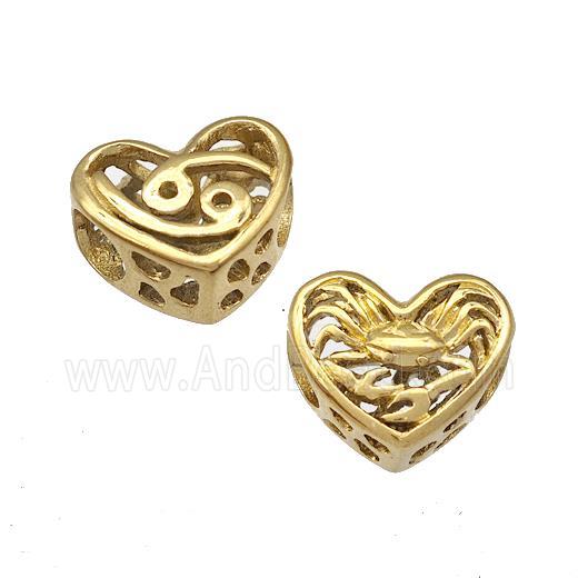Stainless Steel Heart Beads Zodiac Cancer Large Hole Hollow Gold Plated