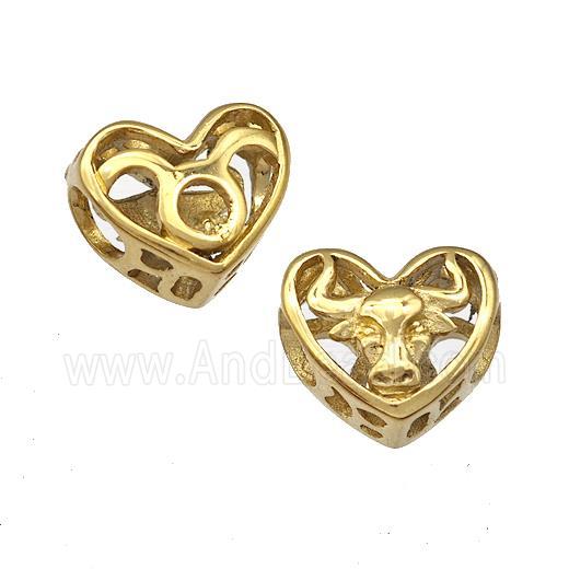 Stainless Steel Heart Beads Zodiac Taurus Large Hole Hollow Gold Plated
