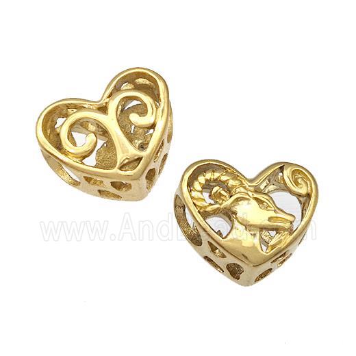 Stainless Steel Heart Beads Zodiac Aries Large Hole Hollow Gold Plated