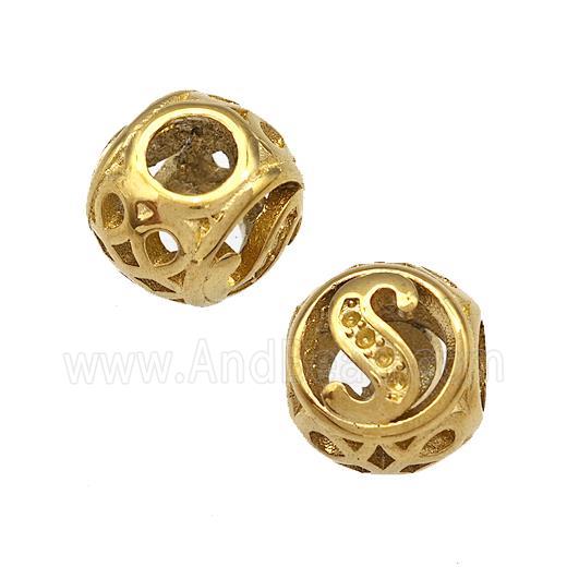 Stainless Steel Round Beads Letter-S Hollow Large Hole Gold Plated