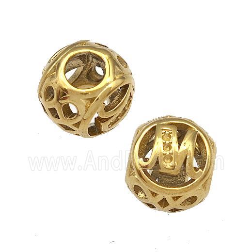 Stainless Steel Round Beads Letter-M Hollow Large Hole Gold Plated