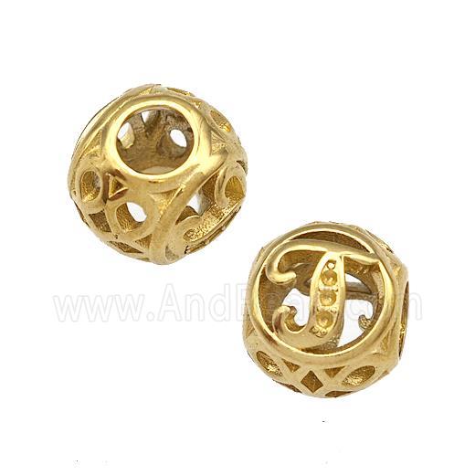 Stainless Steel Round Beads Letter-J Hollow Large Hole Gold Plated