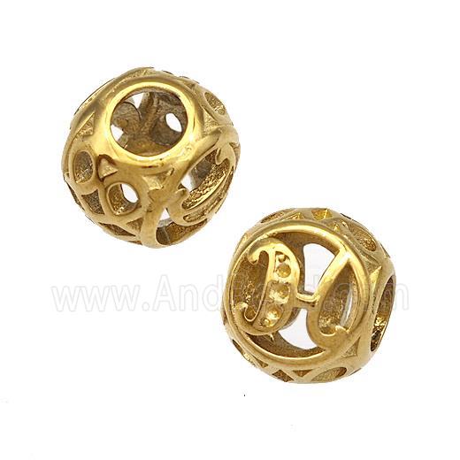 Stainless Steel Round Beads Letter-H Hollow Large Hole Gold Plated