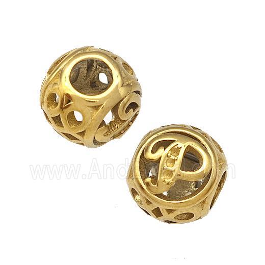 Stainless Steel Round Beads Letter-P Hollow Large Hole Gold Plated
