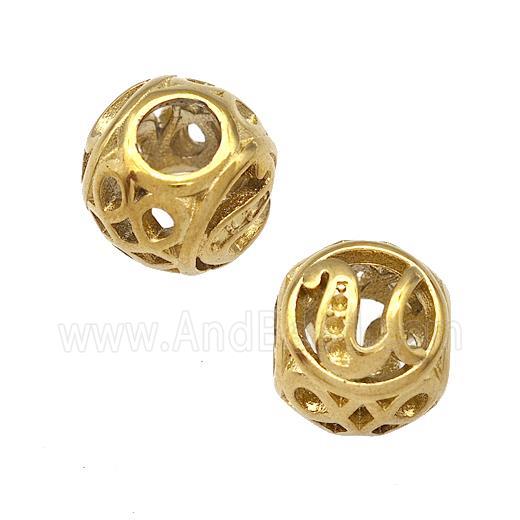 Stainless Steel Round Beads Letter-U Hollow Large Hole Gold Plated