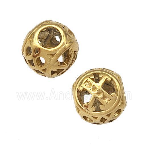 Stainless Steel Round Beads Letter-X Hollow Large Hole Gold Plated