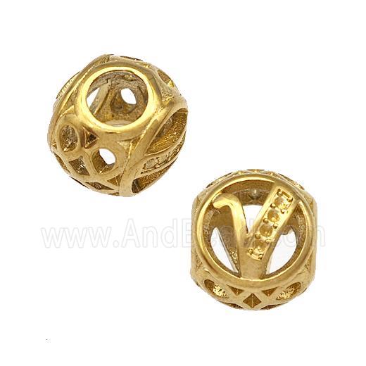 Stainless Steel Round Beads Letter-V Hollow Large Hole Gold Plated
