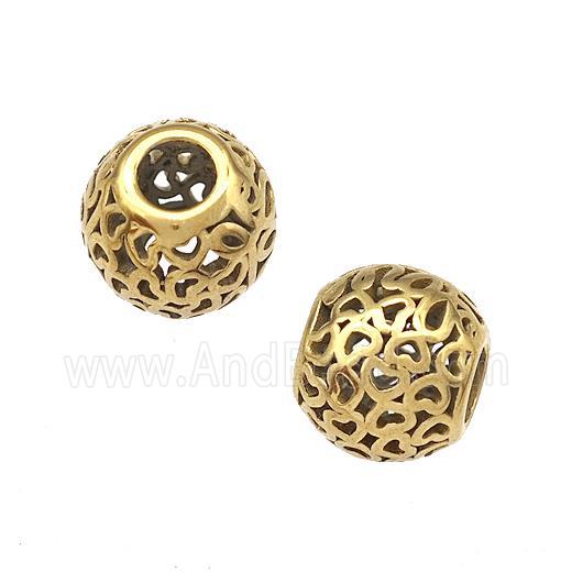 Stainless Steel Round Beads Heart Hollow Large Hole Gold Plated