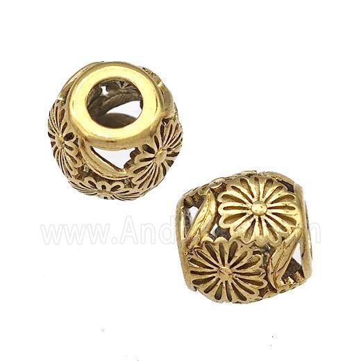 Stainless Steel Barrel Beads Flower Hollow Large Hole Gold Plated