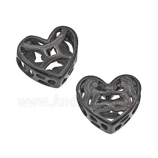 Stainless Steel Heart Beads Zodiac Gemini Large Hole Hollow Black Plated