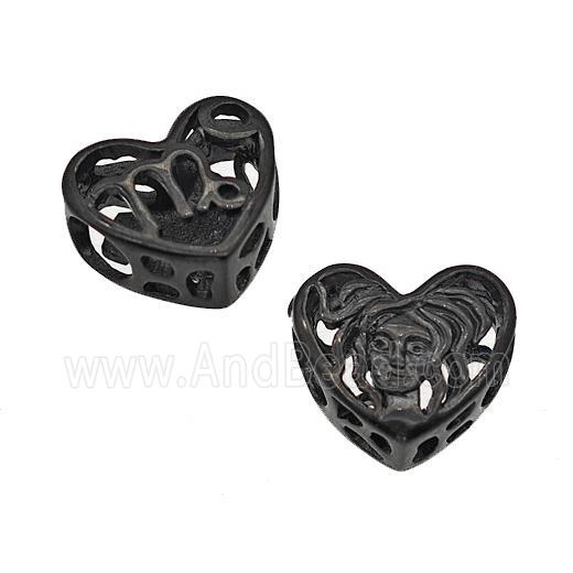 Stainless Steel Heart Beads Zodiac Virgo Large Hole Hollow Black Plated