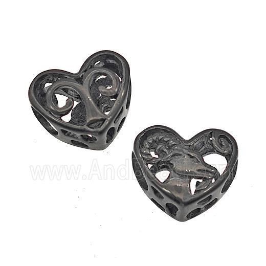 Stainless Steel Heart Beads Zodiac Aries Large Hole Hollow Black Plated