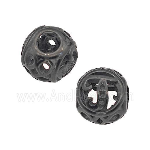 Stainless Steel Round Beads Letter-J Hollow Large Hole Black Plated