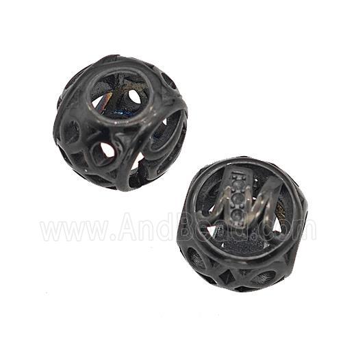 Stainless Steel Round Beads Letter-M Hollow Large Hole Black Plated
