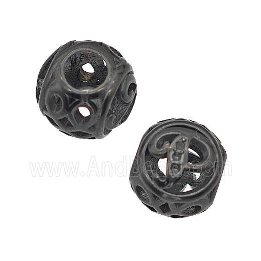 Stainless Steel Round Beads Letter-P Hollow Large Hole Black Plated