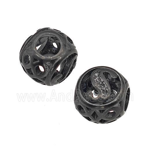 Stainless Steel Round Beads Letter-S Hollow Large Hole Black Plated