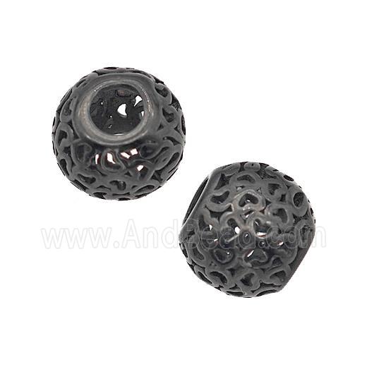Stainless Steel Round Beads Heart Large Hole Hollow Black Plated