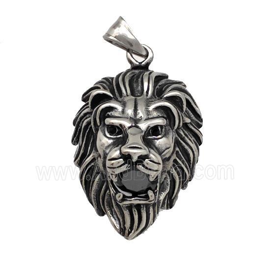 316 Stainless Steel Lion Pendant Pave Black Rhonestone Antique Silver