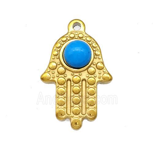 Stainless Steel Hand Pendant Pave Blue Synthetic Turquoise Gold Plated