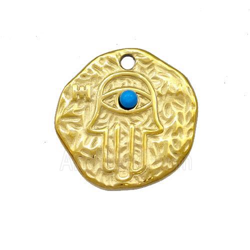 Stainless Steel Hand Pendant Pave Blue Synthetic Turquoise Circle Gold Plated