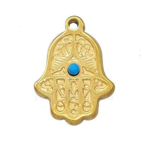Stainless Steel Hand Pendant Pave Blue Synthetic Turquoise Gold Plated