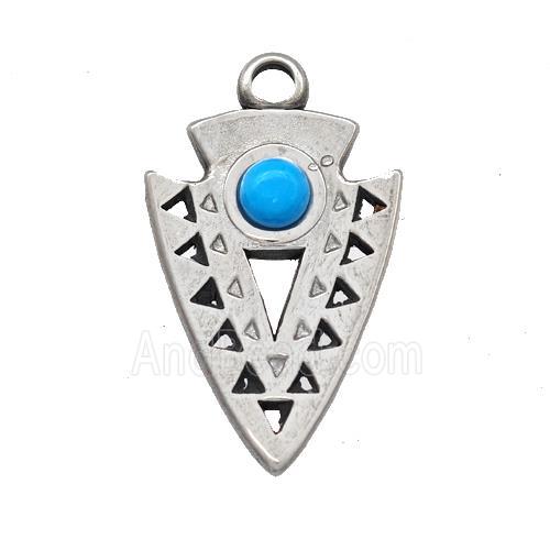 Raw Stainless Steel Arrowhead Pendant Pave Blue Synthetic Turquoise