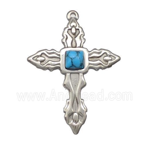 Raw Stainless Steel Cross Pendant Pave Blue Synthetic Turquoise