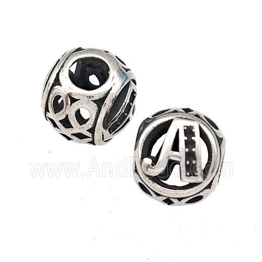 Stainless Steel Round Beads Letter-A Hollow Large Hole Antique Silver