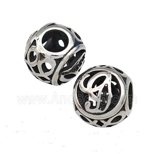 Stainless Steel Round Beads Letter-G Hollow Large Hole Antique Silver