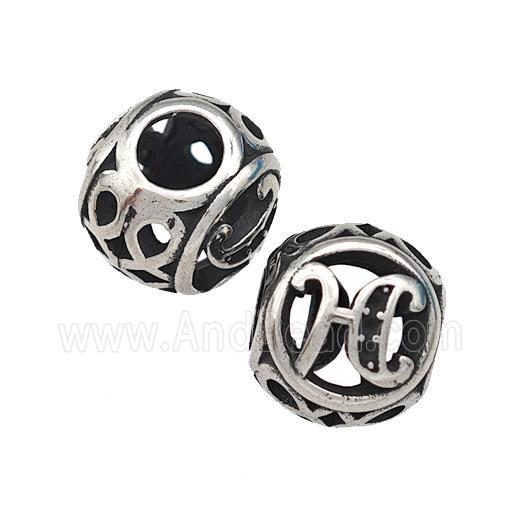 Stainless Steel Round Beads Letter-H Hollow Large Hole Antique Silver
