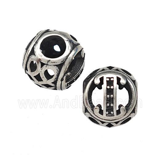 Stainless Steel Round Beads Letter-I Hollow Large Hole Antique Silver