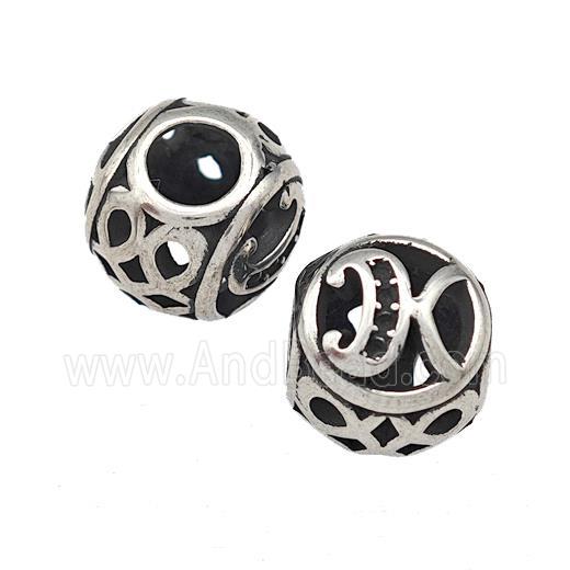 Stainless Steel Round Beads Letter-K Hollow Large Hole Antique Silver