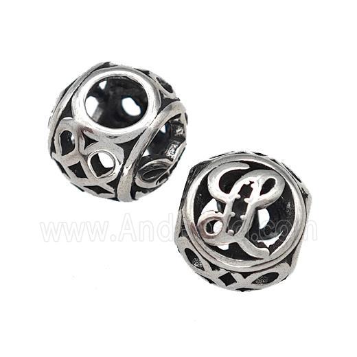 Stainless Steel Round Beads Letter-L Hollow Large Hole Antique Silver