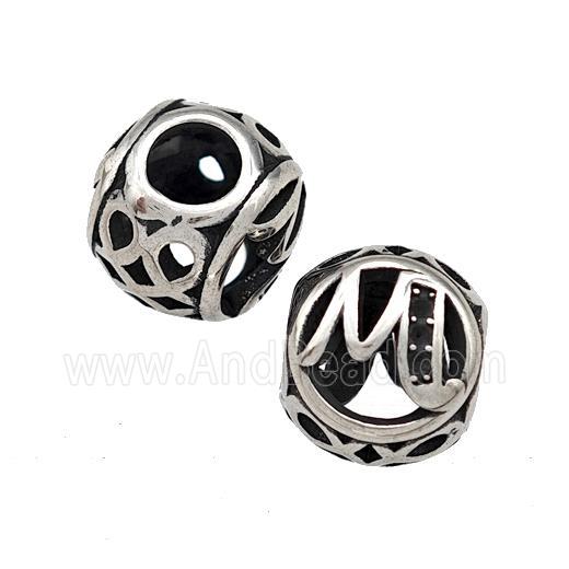 Stainless Steel Round Beads Letter-M Hollow Large Hole Antique Silver
