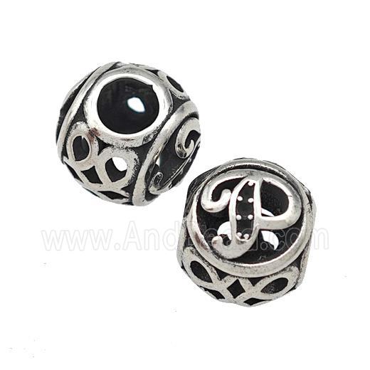 Stainless Steel Round Beads Letter-P Hollow Large Hole Antique Silver