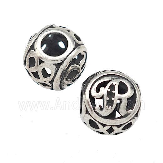 Stainless Steel Round Beads Letter-R Hollow Large Hole Antique Silver