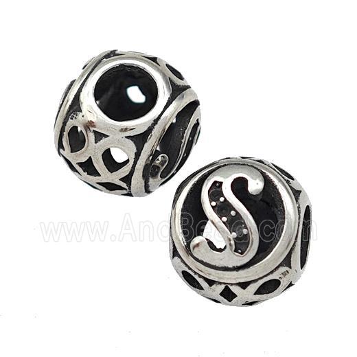 Stainless Steel Round Beads Letter-S Hollow Large Hole Antique Silver