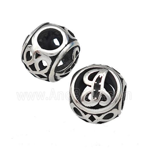 Stainless Steel Round Beads Letter-T Hollow Large Hole Antique Silver