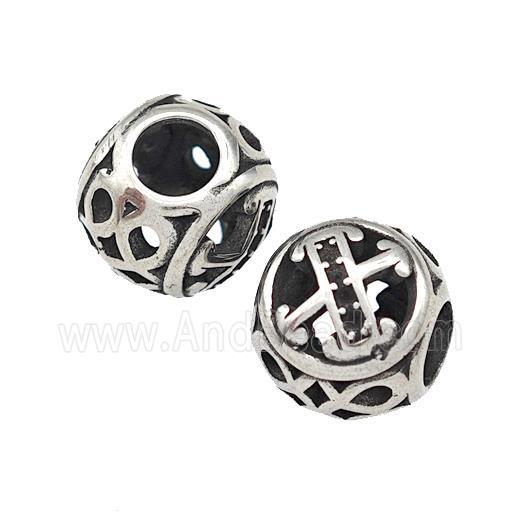 Stainless Steel Round Beads Letter-X Hollow Large Hole Antique Silver