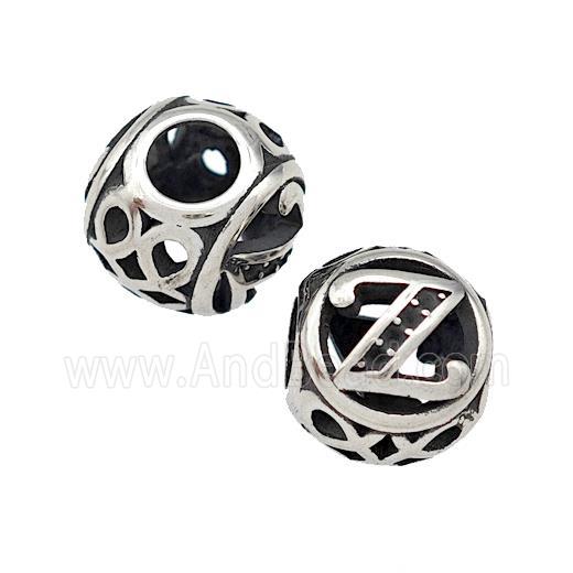 Stainless Steel Round Beads Letter-Z Hollow Large Hole Antique Silver