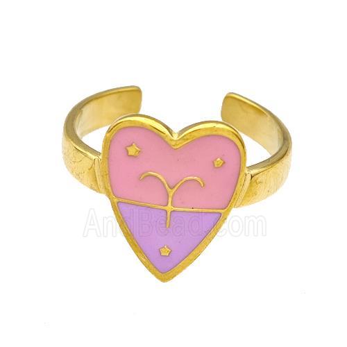 Stainless Steel Heart Rings Zodiac Aries Pink Enamel Gold Plated