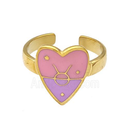 Stainless Steel Heart Rings Zodiac Taurus Pink Enamel Gold Plated