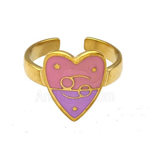 Stainless Steel Heart Rings Zodiac Cancer Pink Enamel Gold Plated