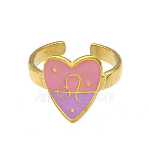 Stainless Steel Heart Rings Zodiac Leo Pink Enamel Gold Plated