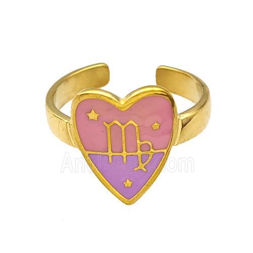 Stainless Steel Heart Rings Zodiac Virgo Pink Enamel Gold Plated