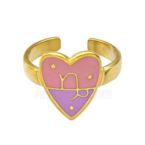 Stainless Steel Heart Rings Zodiac Capricorn Pink Enamel Gold Plated