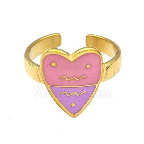 Stainless Steel Heart Rings Zodiac Aquarius Pink Enamel Gold Plated